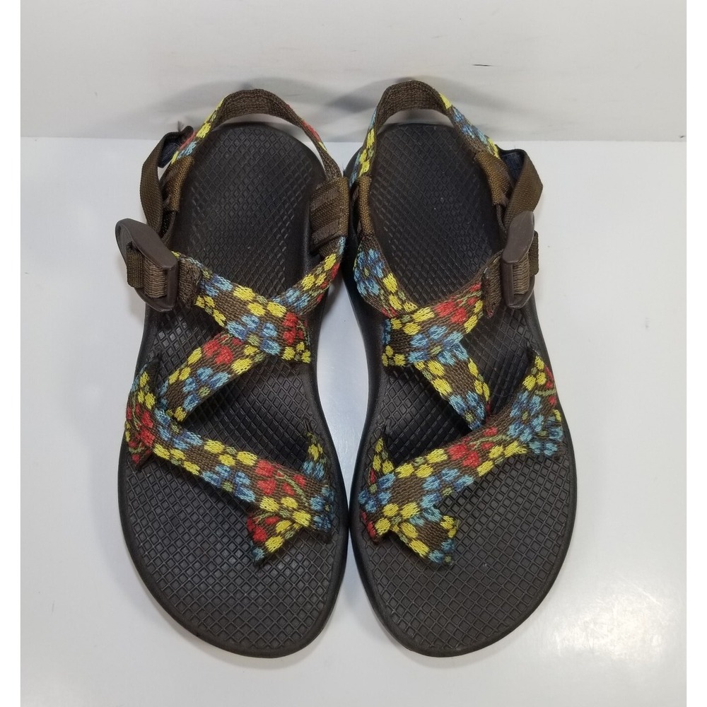 Chaco Brown Sandals with Multicolor Webbing (Yellow, Red, Blue flowers)